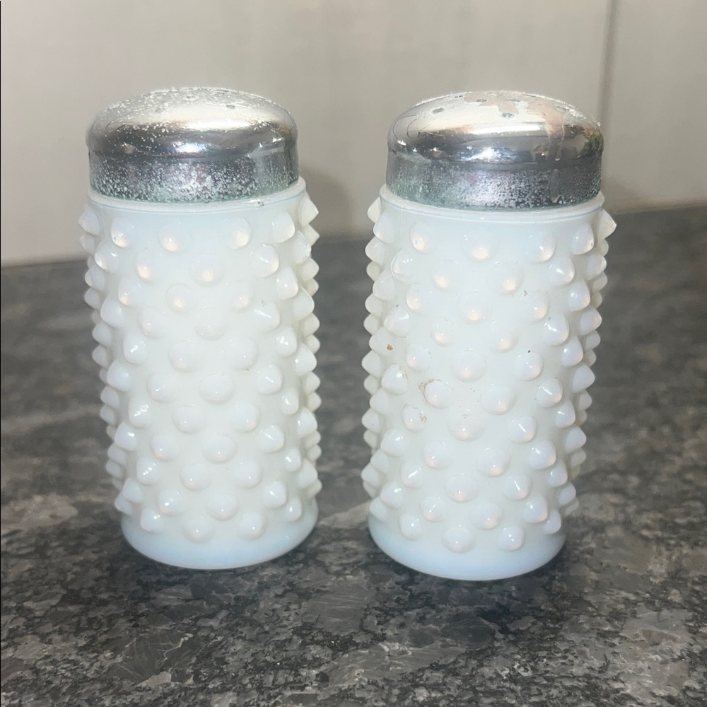 Source Unknown White Hobnail Milk Glass Salt and Pepper Shakers
